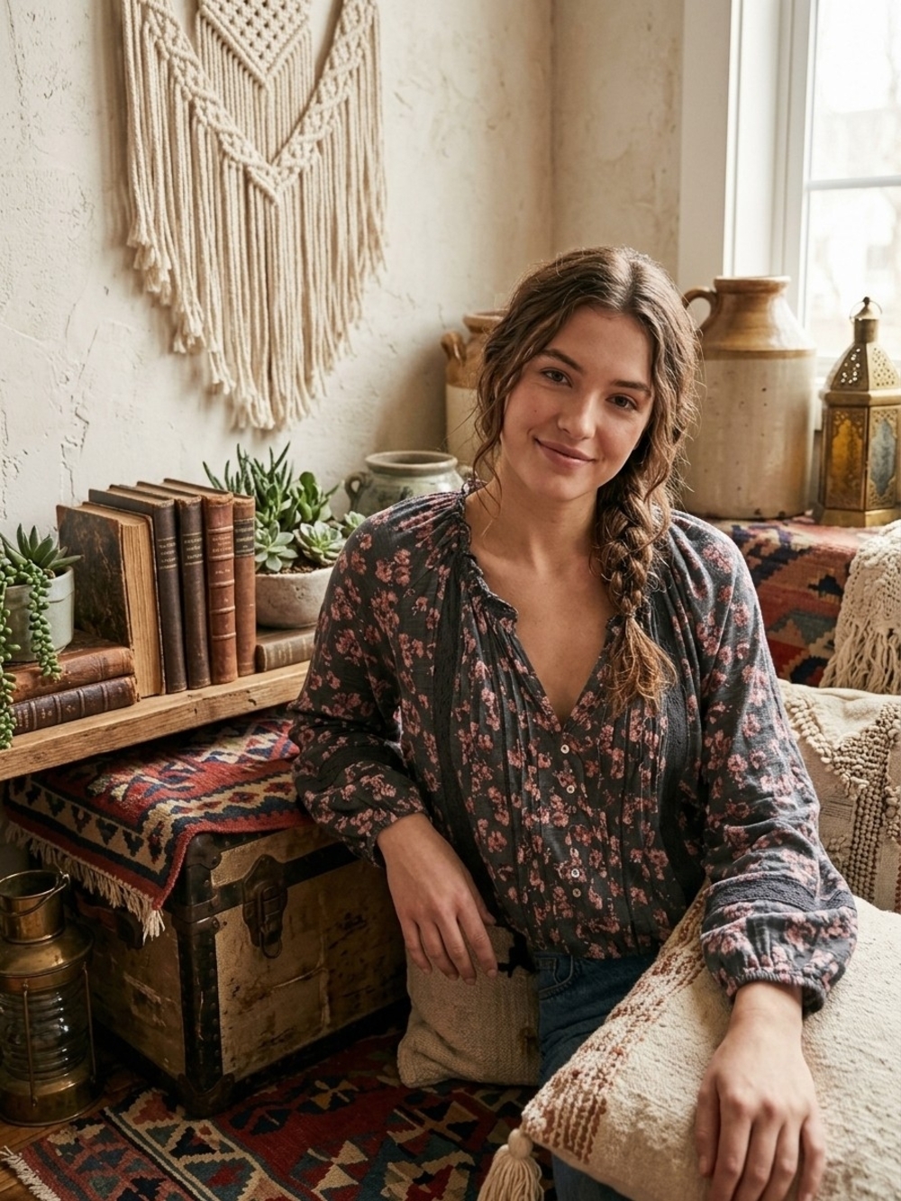 Lucky Brand Slate Floral Peasant Blouse with Pink Print